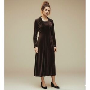 Vintage 90's Y2K Brown Velvet‎ Collared Rhinestone Midi Dress Petite S Hunt Club
